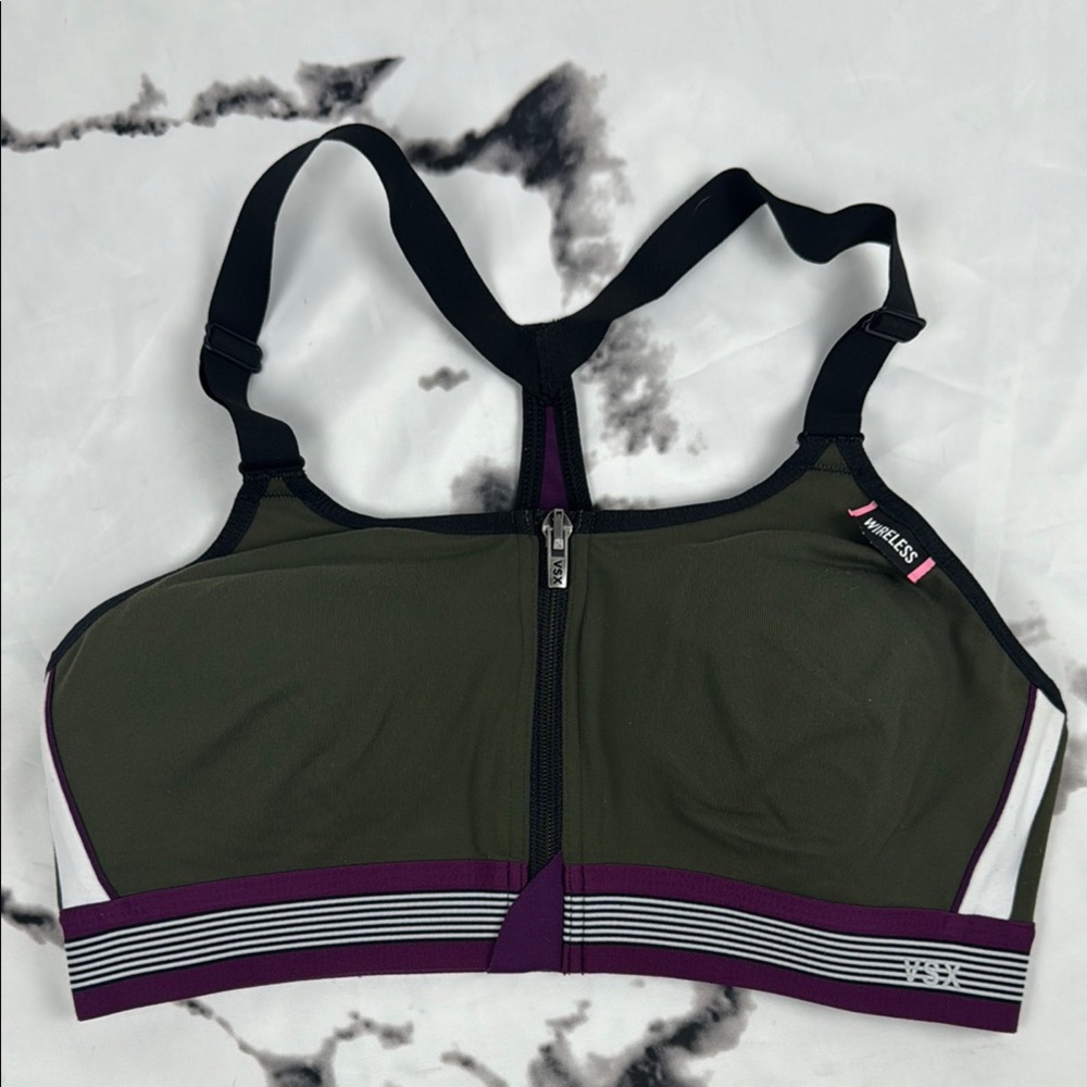 Victoria's Secret Zip Sports Bra Front Close Olive and Purple Medium Support